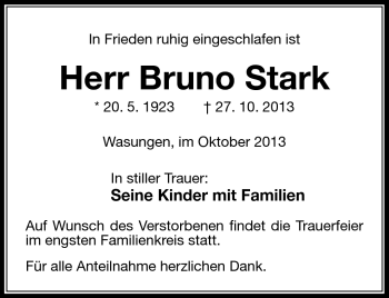 Traueranzeige von Bruno Stark von Südthüringer Presse