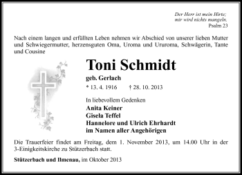 Traueranzeige von Toni Schmidt von Südthüringer Presse