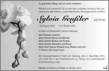 Traueranzeige von Sylvia Genßler von Südthüringer Presse