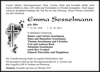 Traueranzeige von Erna Sesselmann von Südthüringer Presse