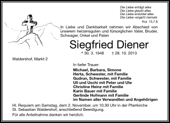 Traueranzeige von Siegfried Diener von Frankenpost
