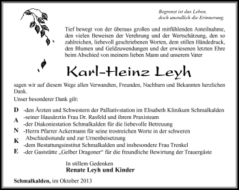 Traueranzeige von Karl-Heinz Leyh von Südthüringer Presse