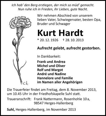 Traueranzeige von Kurt Hardt von Südthüringer Presse