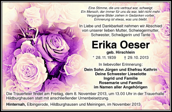 Traueranzeige von Erika Oeser von Südthüringer Presse