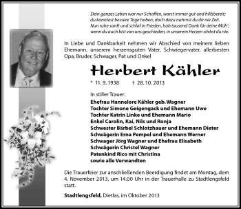 Traueranzeige von Herbert Kähler von Südthüringer Presse