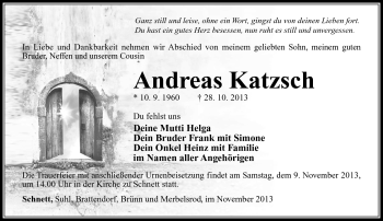 Traueranzeige von Andreas Katzsch von Südthüringer Presse