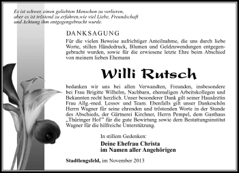 Traueranzeige von Willi Rutsch von Südthüringer Presse