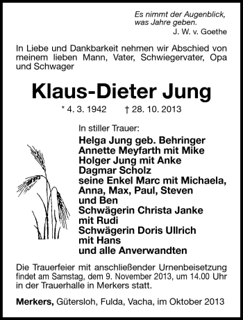 Traueranzeige von Klaus-Dieter Jung von Südthüringer Presse