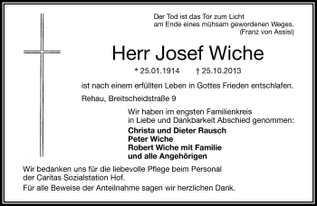 Traueranzeige von Josef Wiche von Frankenpost