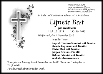 Traueranzeige von Elfriede Best von Frankenpost
