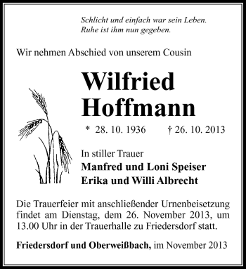 Traueranzeige von Wilfried Hoffmann von Südthüringer Presse