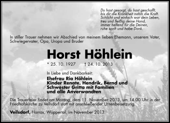 Traueranzeige von Horst Höhlein von Südthüringer Presse