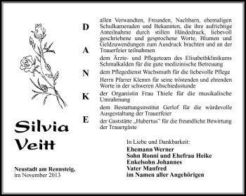 Traueranzeige von Silvia Veitt von Südthüringer Presse
