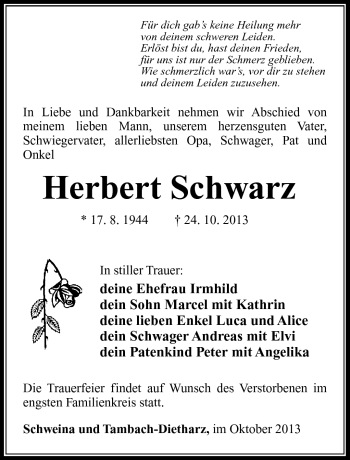 Traueranzeige von Herbert Schwarz von Südthüringer Presse