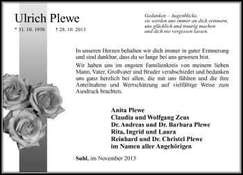 Traueranzeige von Ulrich Plewe von Südthüringer Presse