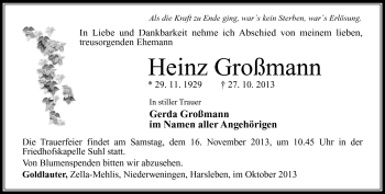 Traueranzeige von Heinz Großmann von Südthüringer Presse