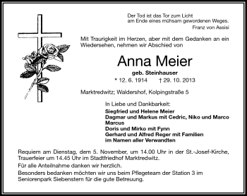 Traueranzeige von Anna Meier von Frankenpost