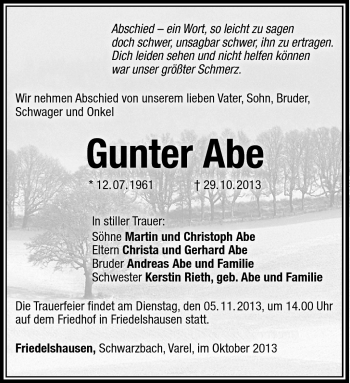 Traueranzeige von Gunter Abe von Südthüringer Presse
