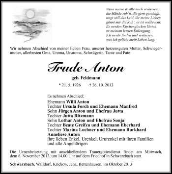 Traueranzeige von Trude Anton von Südthüringer Presse