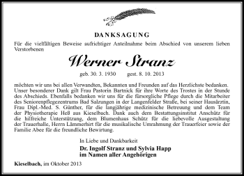 Traueranzeige von Werner Stranz von Südthüringer Presse