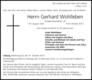 Traueranzeige von Gerhard Wohlleben von Neue Presse Coburg