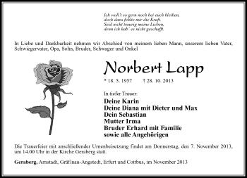 Traueranzeige von Norbert Lapp von Südthüringer Presse