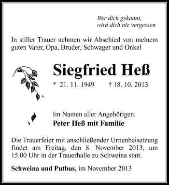 Traueranzeige von Siegfried Heß von Südthüringer Presse