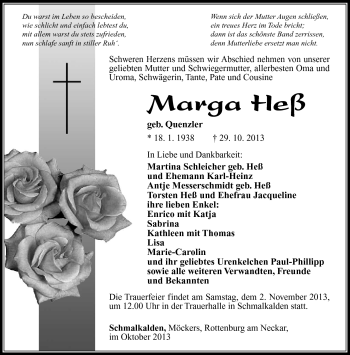 Traueranzeige von Marga Heß von Südthüringer Presse
