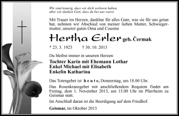 Traueranzeige von Hertha Erler von Südthüringer Presse