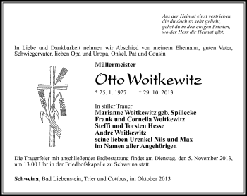 Traueranzeige von Otto Woitkewitz von Südthüringer Presse