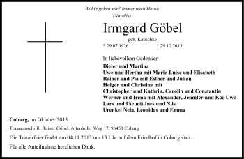 Traueranzeige von Irmgard Göbel von Neue Presse Coburg