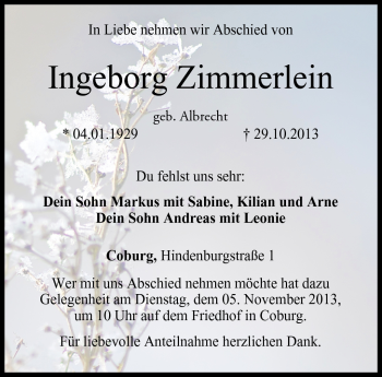 Traueranzeige von Ingeborg Zimmerlein von Neue Presse Coburg