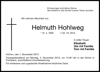 Traueranzeige von Helmuth Hohlweg von Neue Presse Coburg
