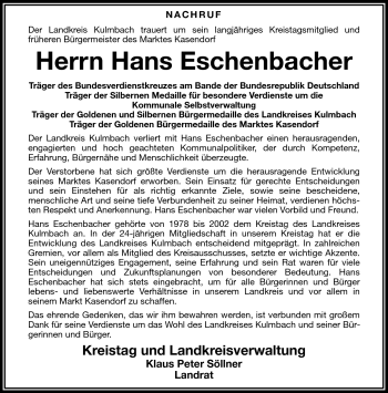 Traueranzeige von Hans Eschenbacher von Frankenpost