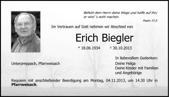 Traueranzeige von Erich Biegler von Neue Presse Coburg
