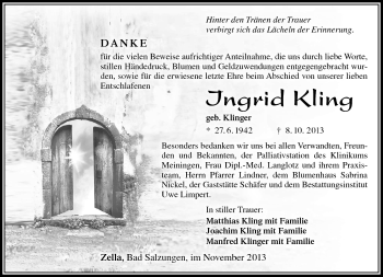 Traueranzeige von Ingrid Kling von Südthüringer Presse