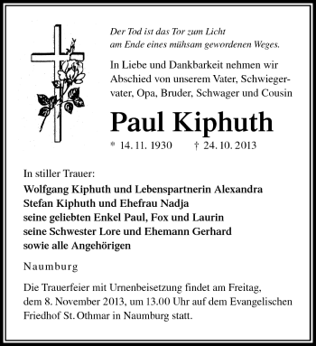 Traueranzeige von Paul Kiphuth von Südthüringer Presse
