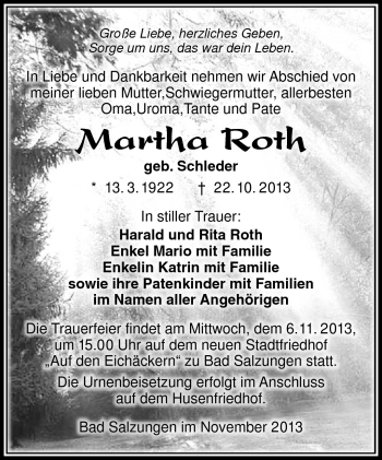 Traueranzeige von Martha Roth von Südthüringer Presse