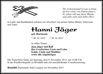 Traueranzeige von Hanni Jäger von Südthüringer Presse