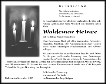 Traueranzeige von Waldemar Heinze von Südthüringer Presse