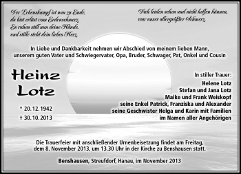 Traueranzeige von Heinz Lotz von Südthüringer Presse
