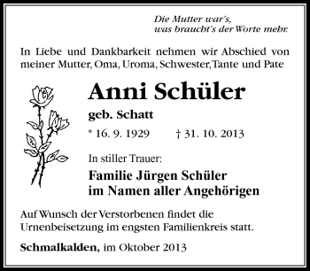 Traueranzeige von Anni Schüler von Südthüringer Presse