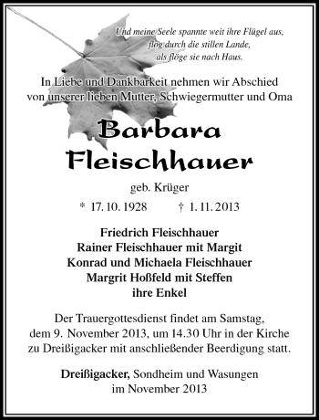 Traueranzeige von Barbara Fleischhauer von Südthüringer Presse