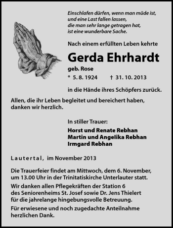 Traueranzeige von Gerda Ehrhardt von Neue Presse Coburg