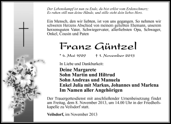 Traueranzeige von Franz Güntzel von Südthüringer Presse