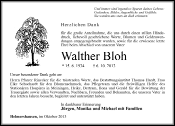 Traueranzeige von Walther Bloh von Südthüringer Presse