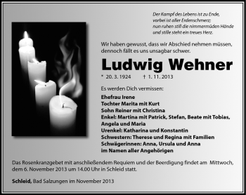 Traueranzeige von Ludwig Wehner von Südthüringer Presse
