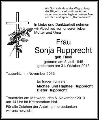 Traueranzeige von Sonja Rupprecht von Frankenpost