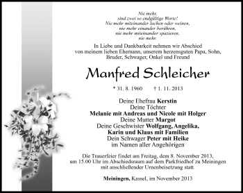 Traueranzeige von Manfred Schleicher von Südthüringer Presse