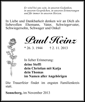 Traueranzeige von Paul Heinz von Südthüringer Presse